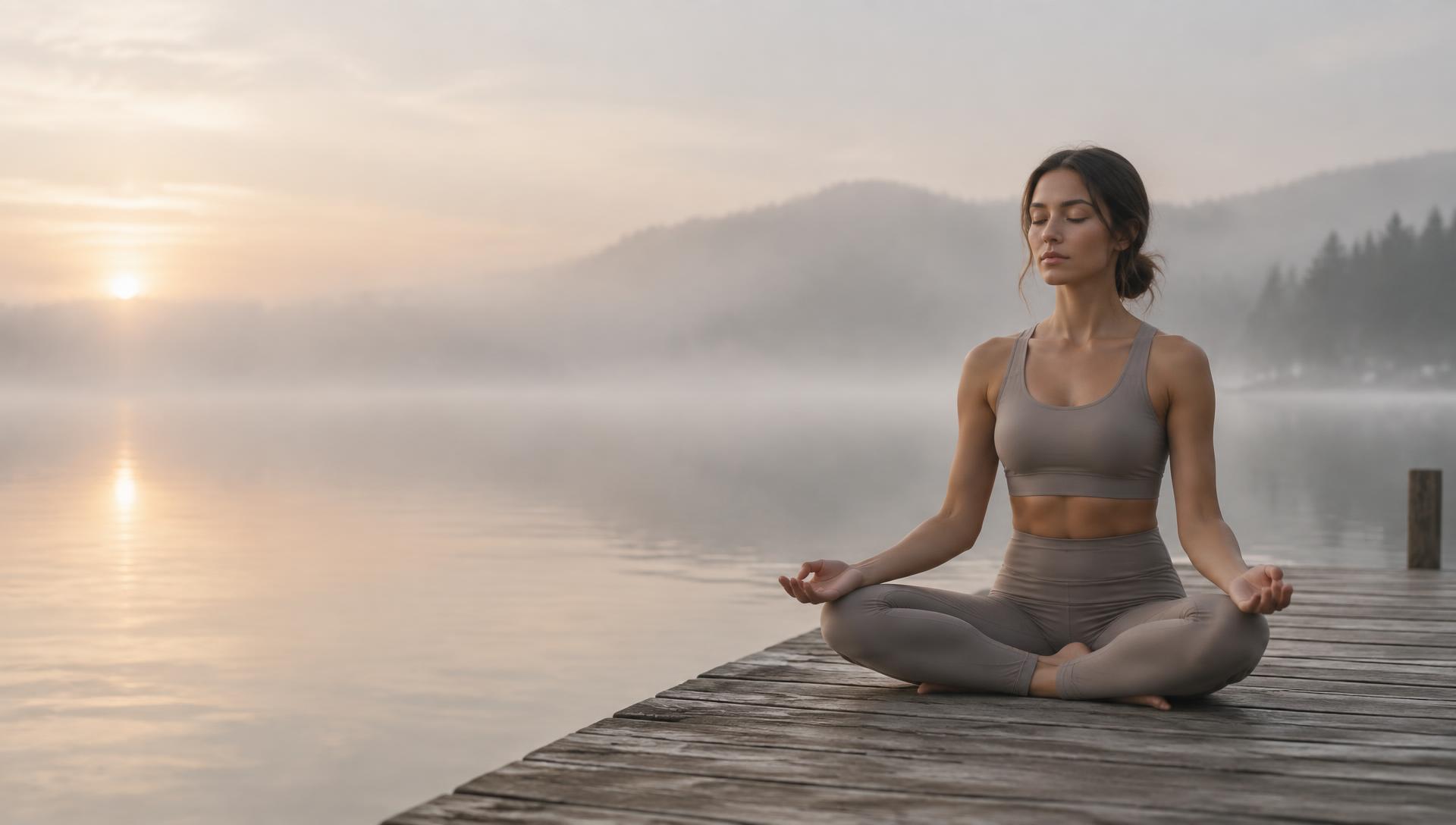 A woman meditating on a dock at dawn